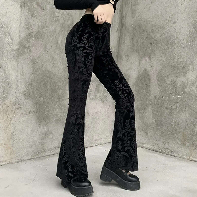 KIMLUD, Gothic Retro Print Black Pants Women Harajuku High Waist Flared Pants 2023 Punk Velvet Trousers Vintage Streetwear Dark Academia, KIMLUD Womens Clothes