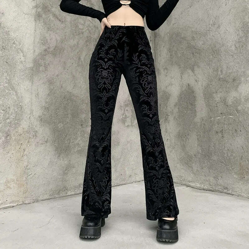 KIMLUD, Gothic Retro Print Black Pants Women Harajuku High Waist Flared Pants 2023 Punk Velvet Trousers Vintage Streetwear Dark Academia, KIMLUD Womens Clothes