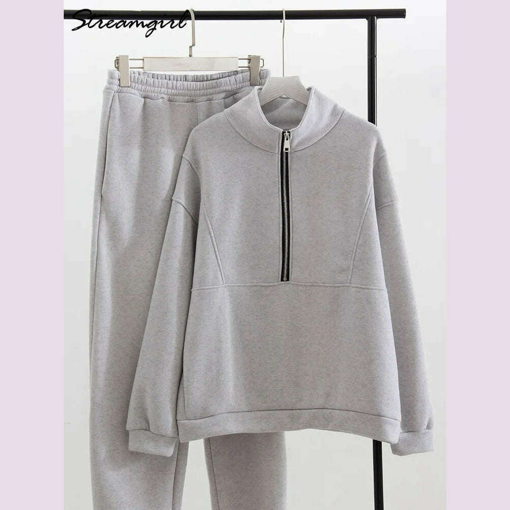 KIMLUD, Gray Thick Warm Women Tracksuit 2 Piese Set Winter Pink Fleece Sweatpants And Sweatshirts Purple Suit Set Women Pants Set Ladies, Gray / M, KIMLUD APPAREL - Womens Clothes