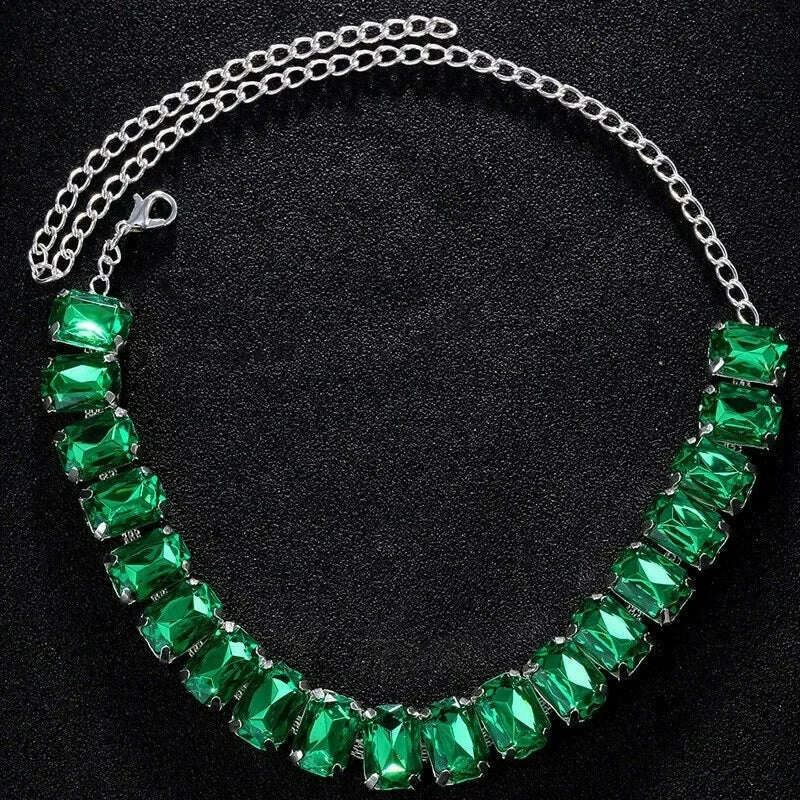 Green Crystal Choker Luxury Designer Necklace for Women Fashion Geometric Necklace Rectangle Cube Jewelry Accessories - KIMLUD