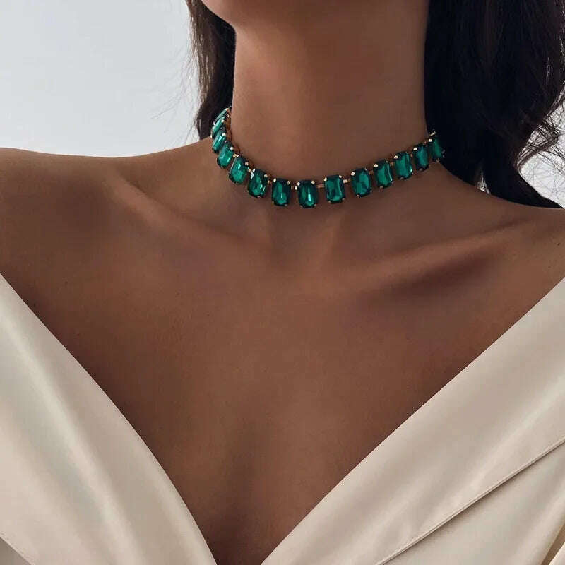 Green Crystal Choker Luxury Designer Necklace for Women Fashion Geometric Necklace Rectangle Cube Jewelry Accessories - KIMLUD