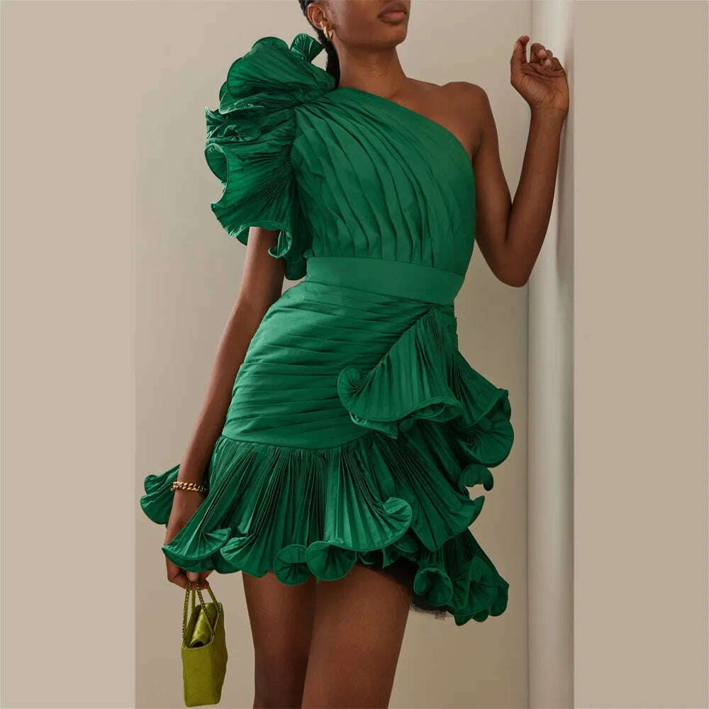 Green Fashion Short Women Dress One Shoulder Ruffles Pleated A-Line Girl Elegant Evening Party Dresses Custom Made Free Shipping - KIMLUD