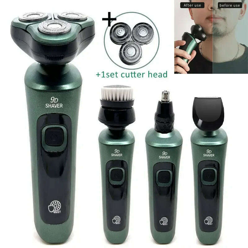 Green Smart Electric Shaver LCD Digital Display Three-head Floating Razor USB Rechargeable Washing Multi-function Beard Knife - KIMLUD