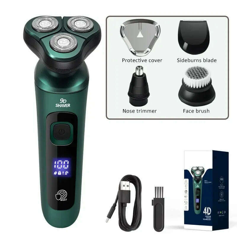 KIMLUD, Green Smart Electric Shaver LCD Digital Display Three-head Floating Razor USB Rechargeable Washing Multi-function Beard Knife, 4in1 with box, KIMLUD APPAREL - Womens Clothes