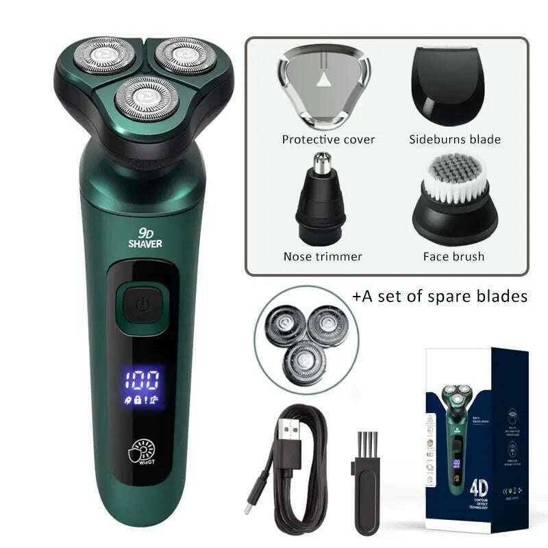 KIMLUD, Green Smart Electric Shaver LCD Digital Display Three-head Floating Razor USB Rechargeable Washing Multi-function Beard Knife, 4in1 kit with box, KIMLUD APPAREL - Womens Clothes