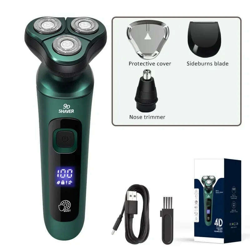 KIMLUD, Green Smart Electric Shaver LCD Digital Display Three-head Floating Razor USB Rechargeable Washing Multi-function Beard Knife, 3in1 with box, KIMLUD APPAREL - Womens Clothes