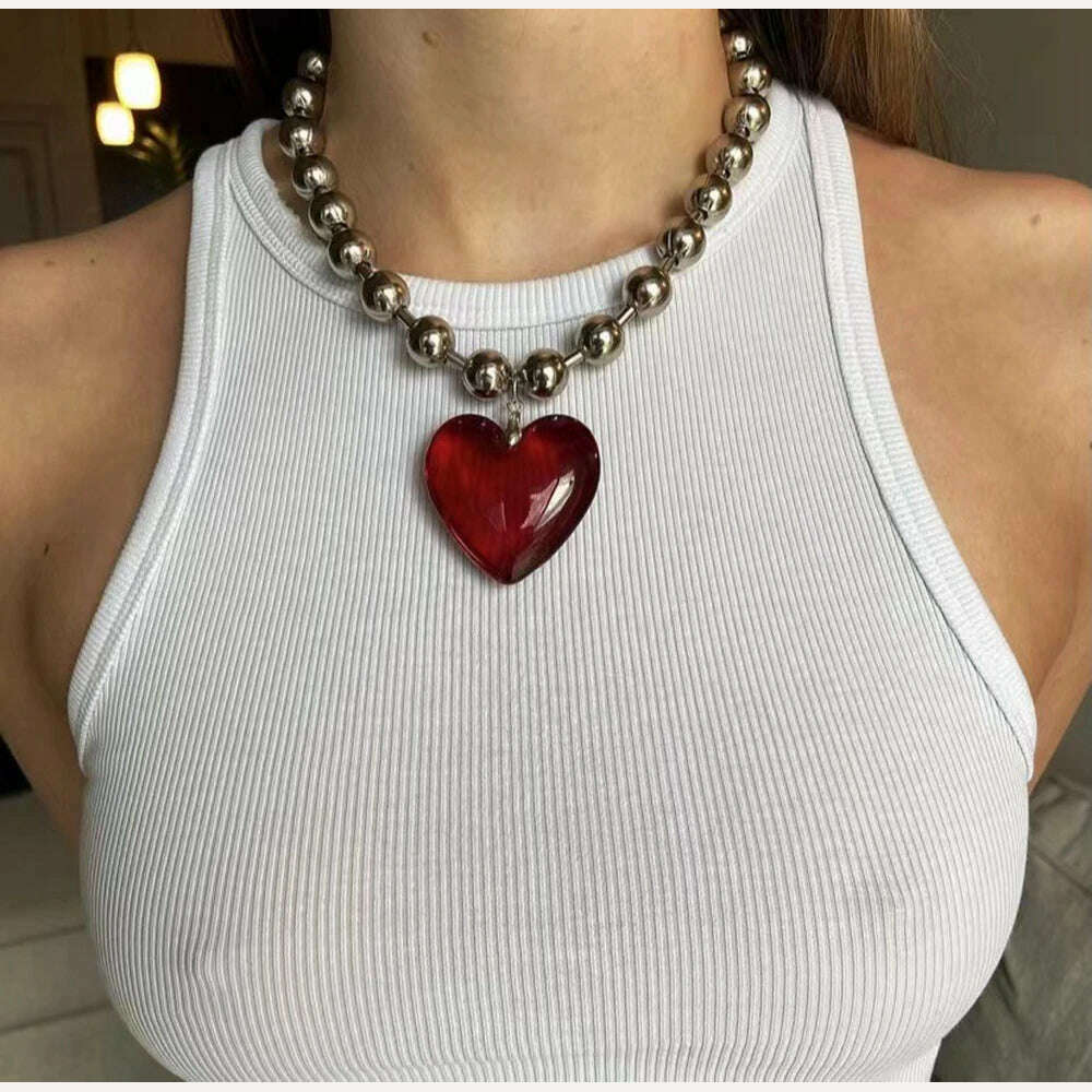 KIMLUD, Grunge Fashion Glass Heart Pendant Necklace Y2K Oversize Ball Beads Chain Statement Choker Necklace for Women Club Punk Jewelry, Dark Red, KIMLUD Womens Clothes