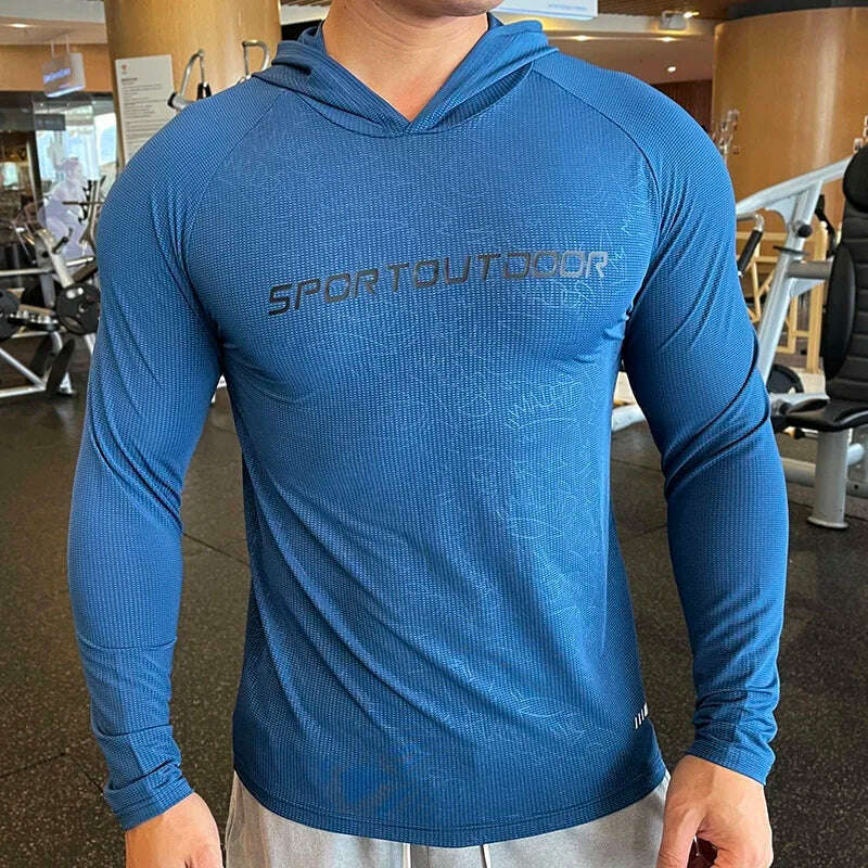 KIMLUD, Gym Men T Shirt Casual Long Sleeve Slim Tops Tees Elastic T-shirt Sports Fitness Thin Comfort Breathable Quick Dry Hooded, T218-Blue / M (Fit 60-70KG) / CN, KIMLUD APPAREL - Womens Clothes