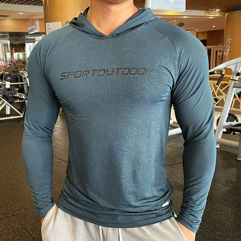 KIMLUD, Gym Men T Shirt Casual Long Sleeve Slim Tops Tees Elastic T-shirt Sports Fitness Thin Comfort Breathable Quick Dry Hooded, T218-Gray / XL (Fit 75-80KG) / CN, KIMLUD APPAREL - Womens Clothes