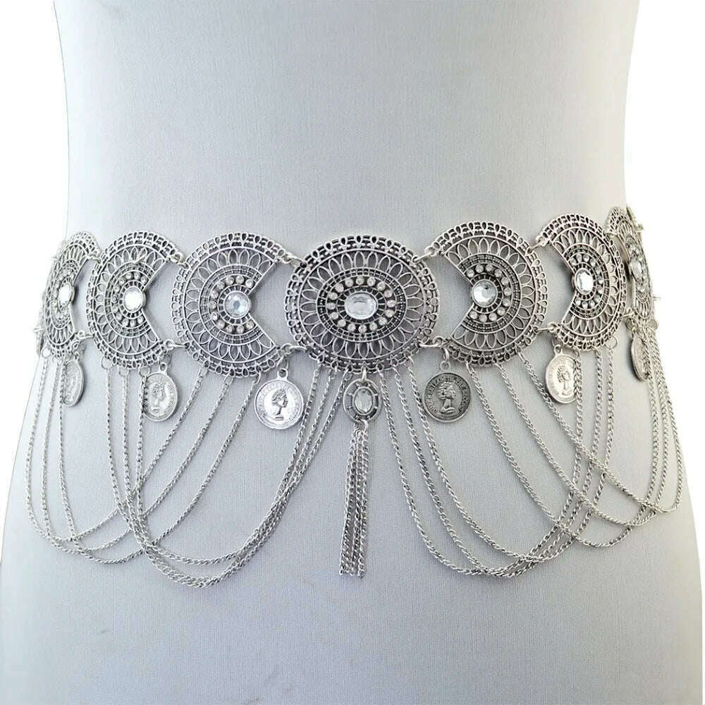 Gypsy Afghan Coin Ethnic Waist Belly Chains Hollow Moon Crystal Flower Long Tassel Moroccan Belts Indian Sexy Body Chain Jewelry - KIMLUD