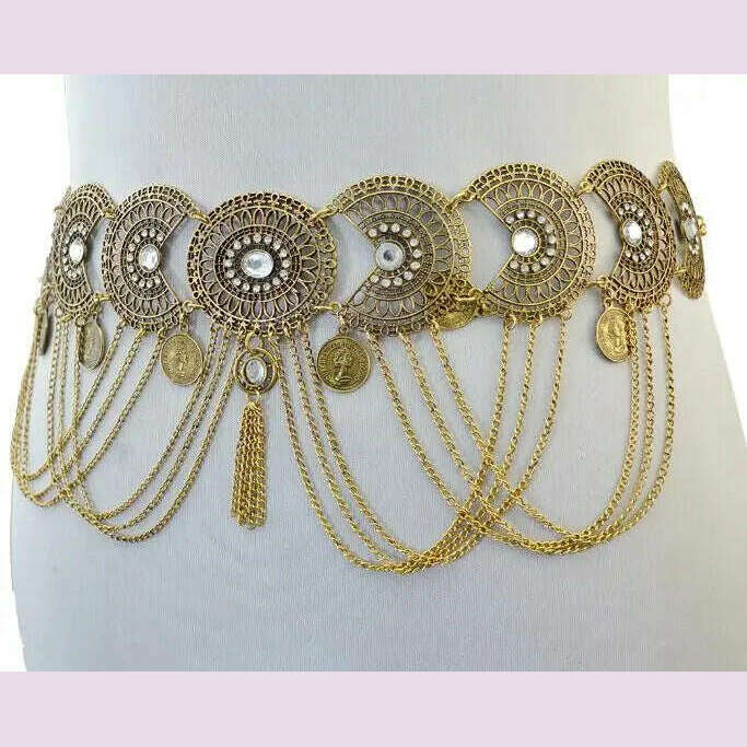 Gypsy Afghan Coin Ethnic Waist Belly Chains Hollow Moon Crystal Flower Long Tassel Moroccan Belts Indian Sexy Body Chain Jewelry - KIMLUD