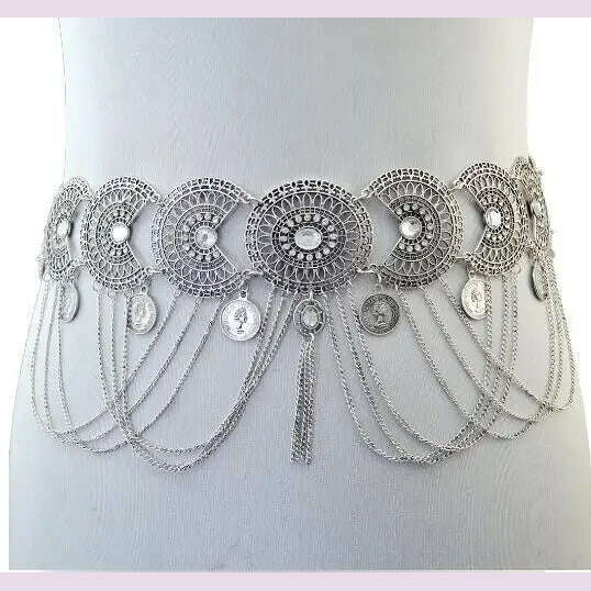 Gypsy Afghan Coin Ethnic Waist Belly Chains Hollow Moon Crystal Flower Long Tassel Moroccan Belts Indian Sexy Body Chain Jewelry - KIMLUD