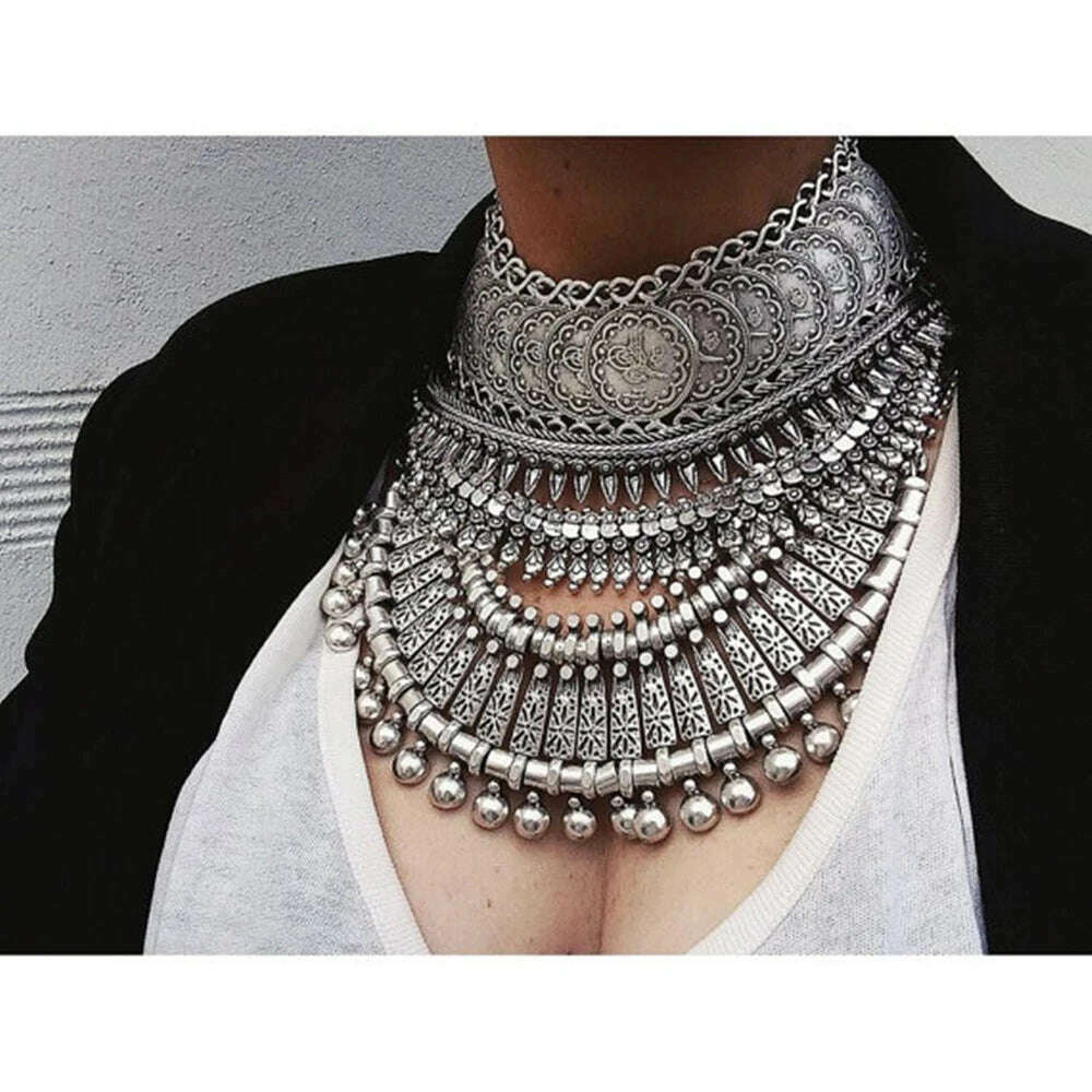 Gypsy Boehmian Hippie Collar Necklaces for Women Big Chunky Tibetan Silver Metal Necklace Festival Turkish Party Jewelry Gift - KIMLUD