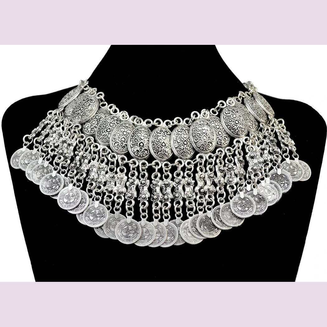 Gypsy Boehmian Hippie Collar Necklaces for Women Big Chunky Tibetan Silver Metal Necklace Festival Turkish Party Jewelry Gift - KIMLUD