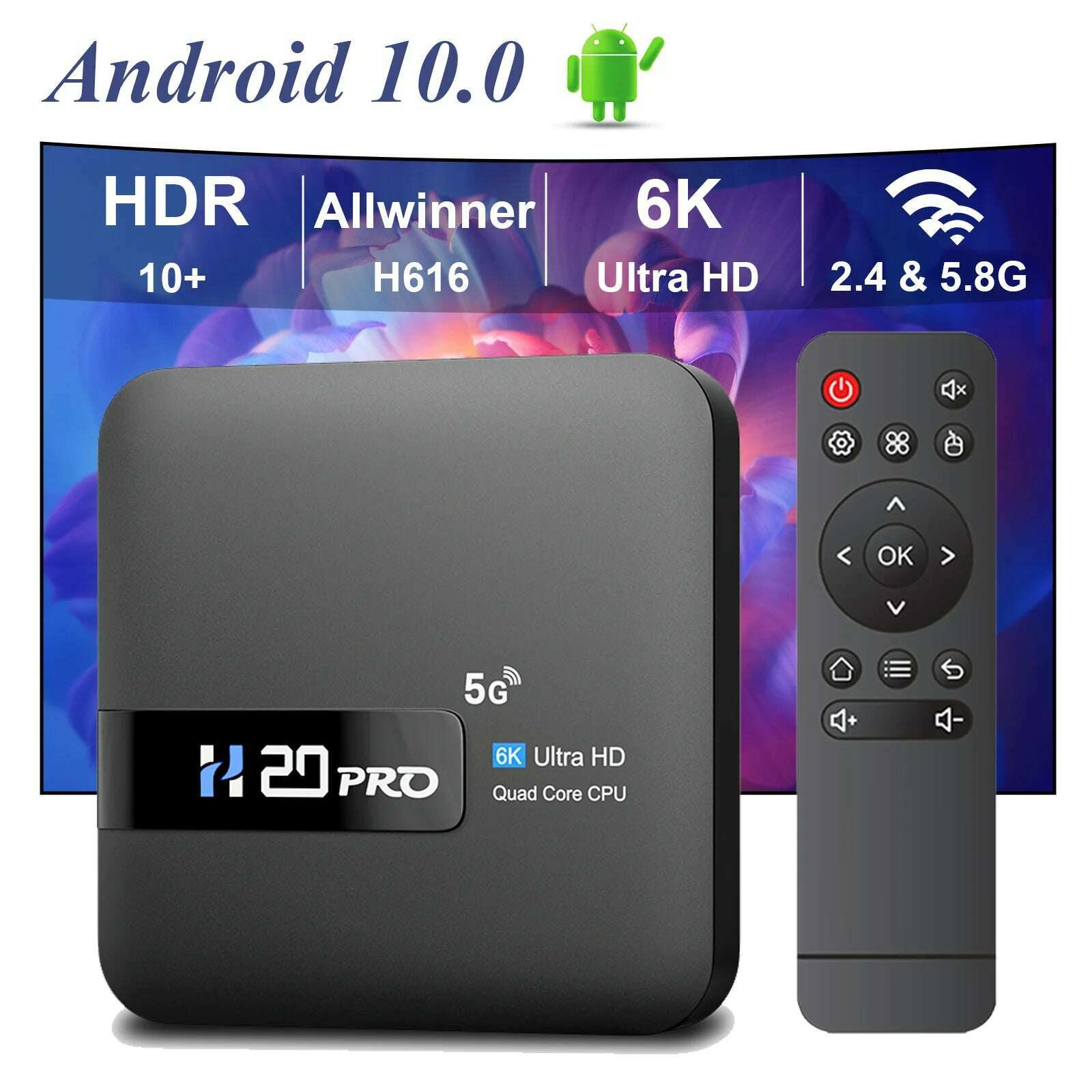 H20PRO Android 10.0 TV Box Allwinner H616 With Voice Assistant 2.4&5.8G Dual Wifi 100LAN Support 1080P Video 4K 3D Media player - KIMLUD