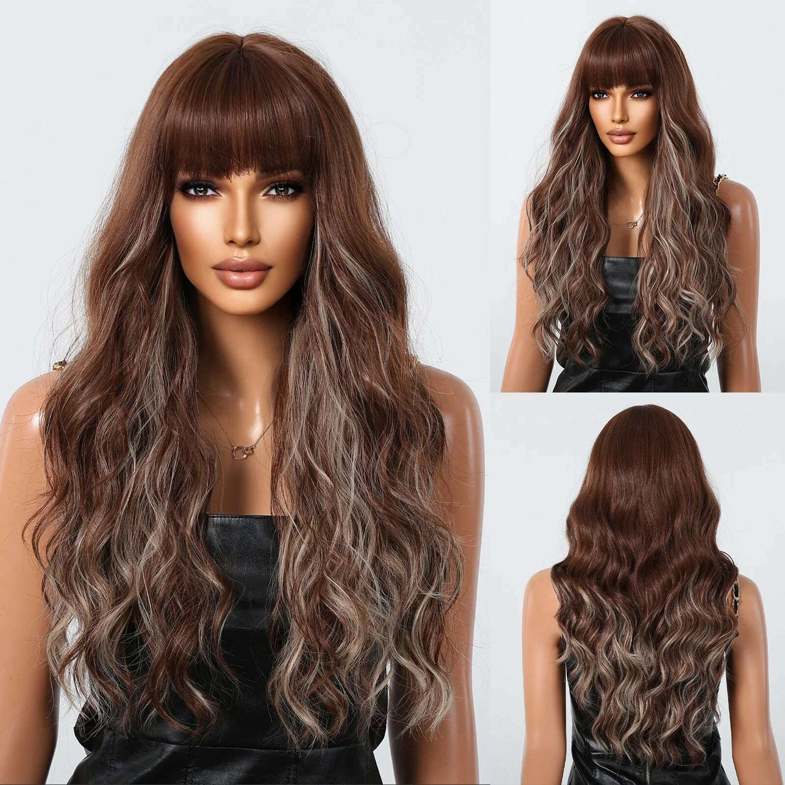 KIMLUD, HAIRCUBE Long Brown Wavy with Bangs Synthetic Wigs for Black Women Deep Curly Wigs Christmas Party Softy High Temperature Fiber, LC3059-2, KIMLUD APPAREL - Womens Clothes