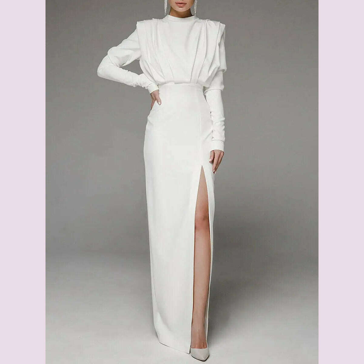 Half High Collar Slit Dresses for Women Casual Long Sleeve Solid Long Abaya Spring Summer Muslim Drsss Women Party Evening Dress - KIMLUD