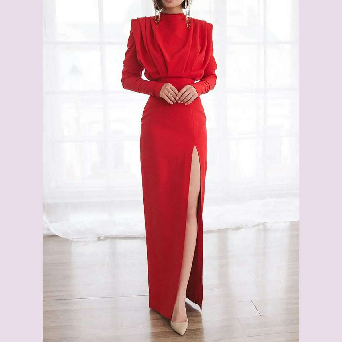 KIMLUD, Half High Collar Slit Dresses for Women Casual Long Sleeve Solid Long Abaya Spring Summer Muslim Drsss Women Party Evening Dress, Red / XXL, KIMLUD APPAREL - Womens Clothes