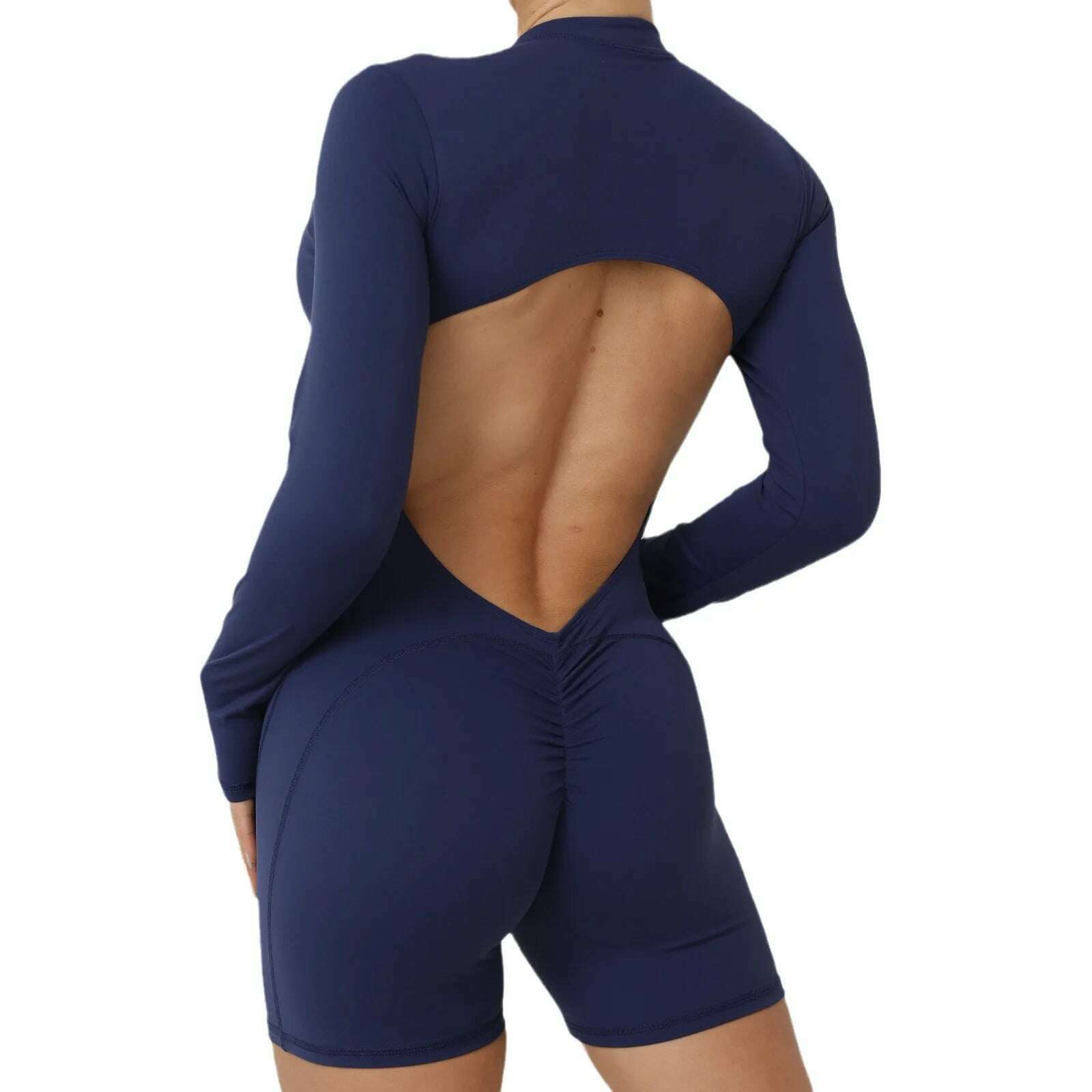 Halter Bodysuits Long Sleeved Jumpsuit Women Sport One Pieces Shorts Set Sexy Fitness Overalls Yoga Workout Sportswear Woman Gym - KIMLUD