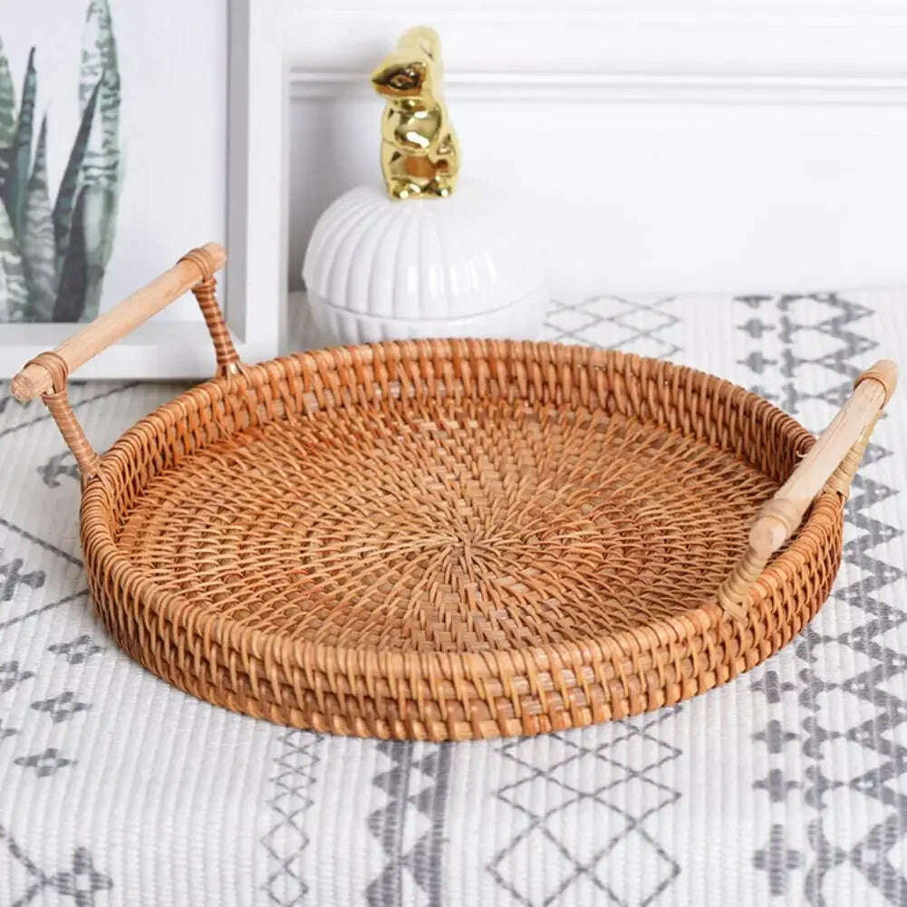 KIMLUD, Hand-Woven Round Rattan Tray Fruit Snacks Storage Basket Organizer with Handle Autumn Woven Storage Tray Snack Fruit Tray, KIMLUD Womens Clothes