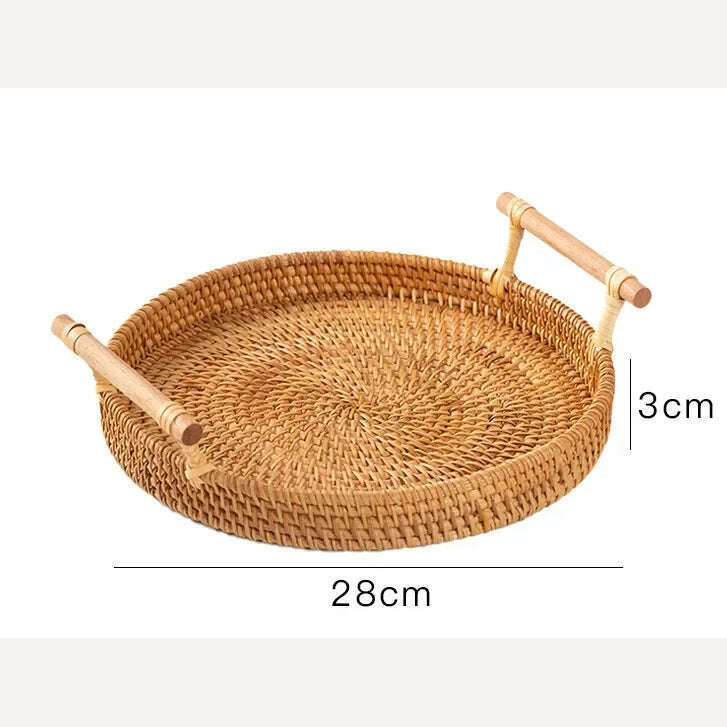 KIMLUD, Hand-Woven Round Rattan Tray Fruit Snacks Storage Basket Organizer with Handle Autumn Woven Storage Tray Snack Fruit Tray, H2278-L, KIMLUD APPAREL - Womens Clothes