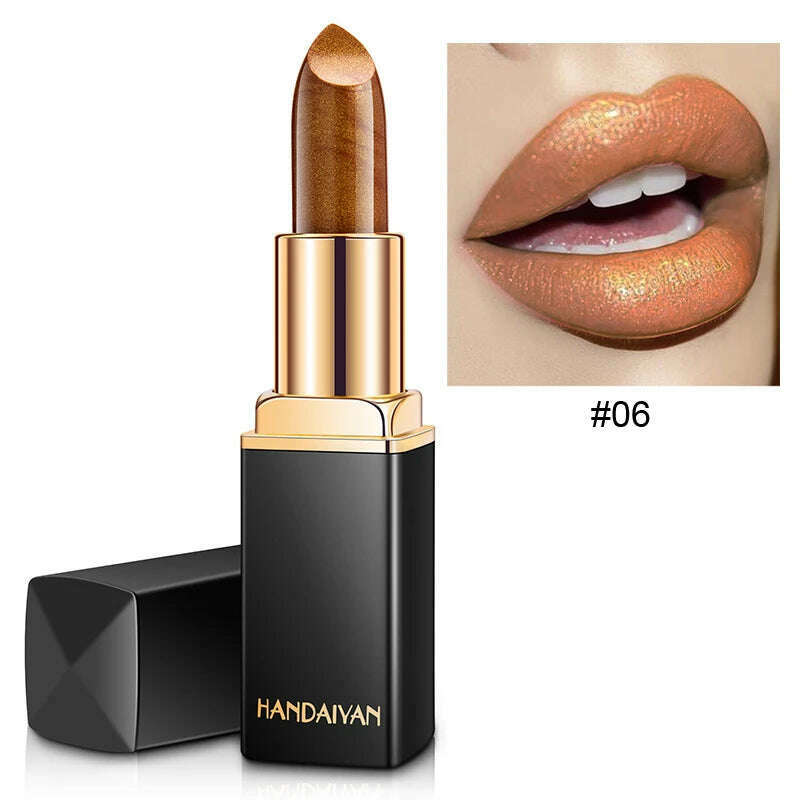 KIMLUD, HANDAIYAN metallic pearlescent color changing temperature gold flash lipstick women's lips High-pigmented Makeup cosmetics, H1008-06 / Full Size, KIMLUD APPAREL - Womens Clothes