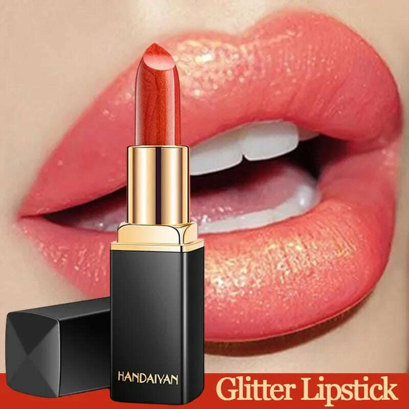 Handaiyan Waterproof Nude Glitter Lipstick Makeup Long Lasting Velve Red Sexy Shimmer Lip Stick Shiny Lipstick Makeup Cosmetics - KIMLUD