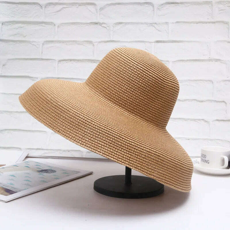 KIMLUD, Handmade Women Summer Sun Hat Japanese Hepburn Style Big Eaves Beach Sun Hat Holiday Fold Fisherman Cap Temperament Flat Hat, khaki big brim / Adlut size(56-58cm), KIMLUD APPAREL - Womens Clothes