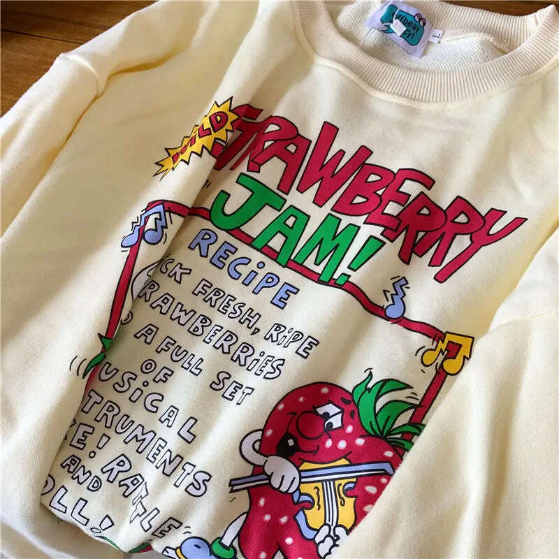 KIMLUD, Harajuku Retro Top Strawberry Print Sweatshirt  Women Loose Streetwear Sweatshirts American  Oversized Pullovers, beige / M, KIMLUD APPAREL - Womens Clothes