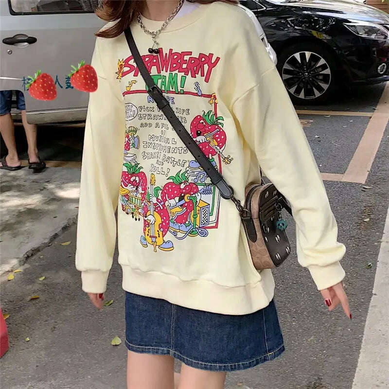 KIMLUD, Harajuku Retro Top Strawberry Print Sweatshirt  Women Loose Streetwear Sweatshirts American  Oversized Pullovers, KIMLUD Womens Clothes