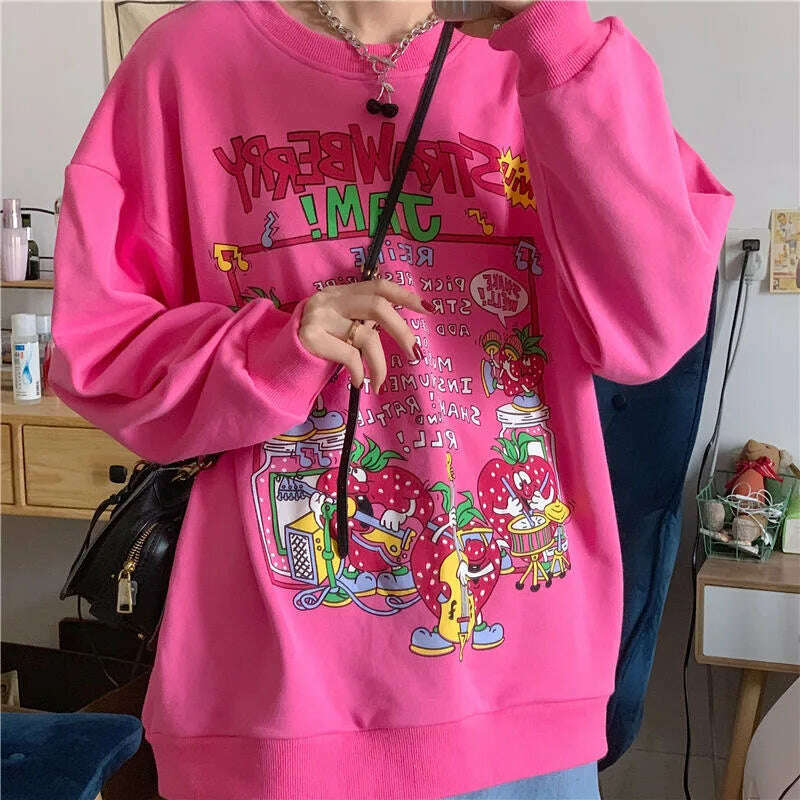 KIMLUD, Harajuku Retro Top Strawberry Print Sweatshirt  Women Loose Streetwear Sweatshirts American  Oversized Pullovers, KIMLUD Womens Clothes