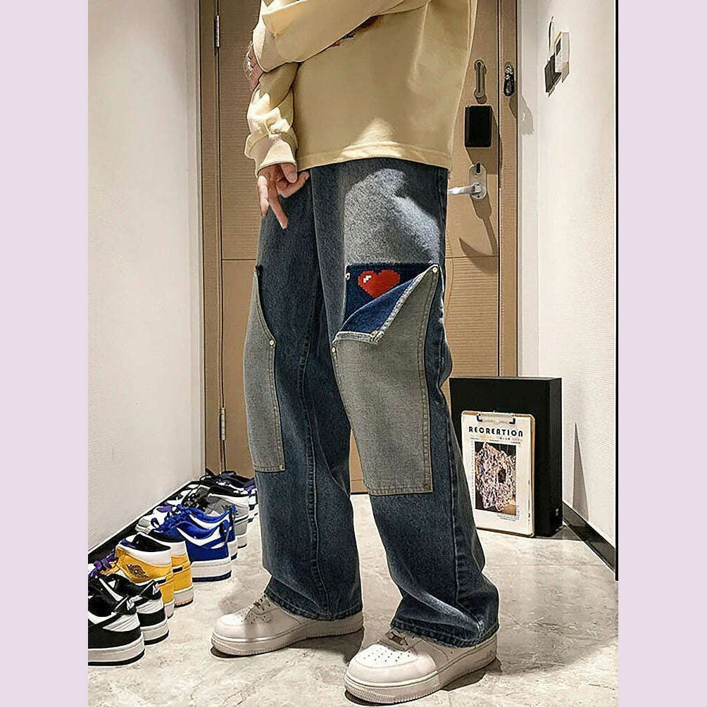 Harajuku Wide Leg Baggy Jeans Pants Men Love Heart Oversize Straight Denim Buttton Cargo Long Trousers Streetwear Student New - KIMLUD