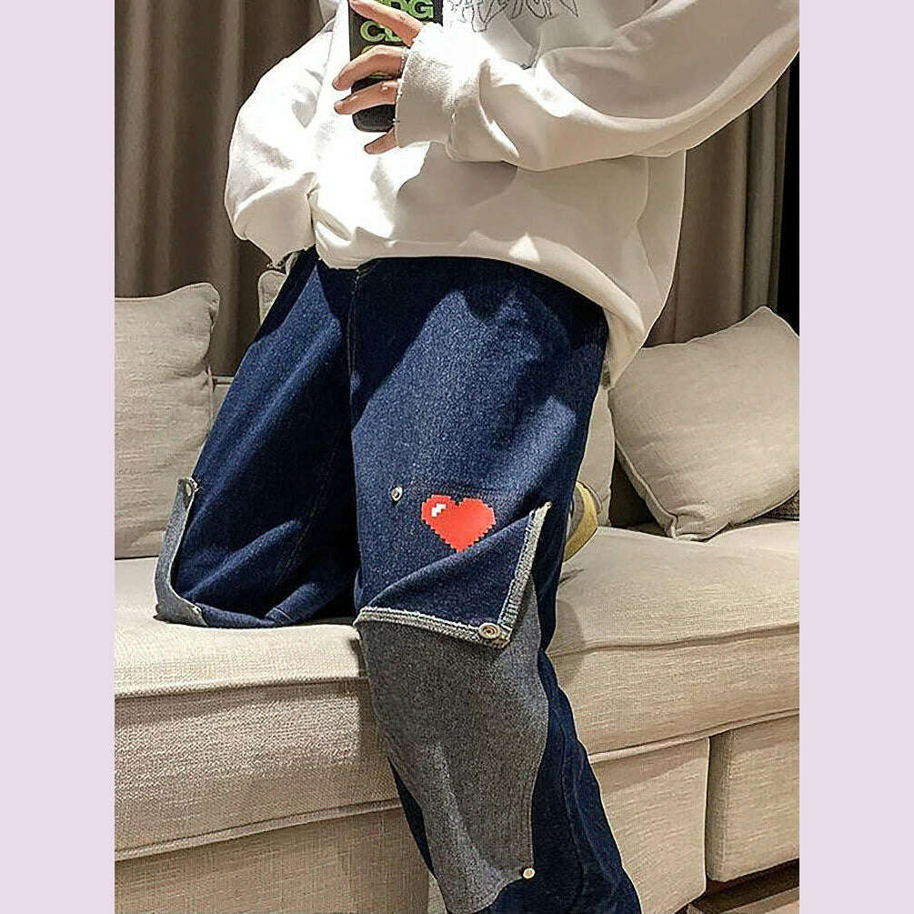 KIMLUD, Harajuku Wide Leg Baggy Jeans Pants Men Love Heart Oversize Straight Denim Buttton Cargo Long Trousers Streetwear Student New, KIMLUD Womens Clothes