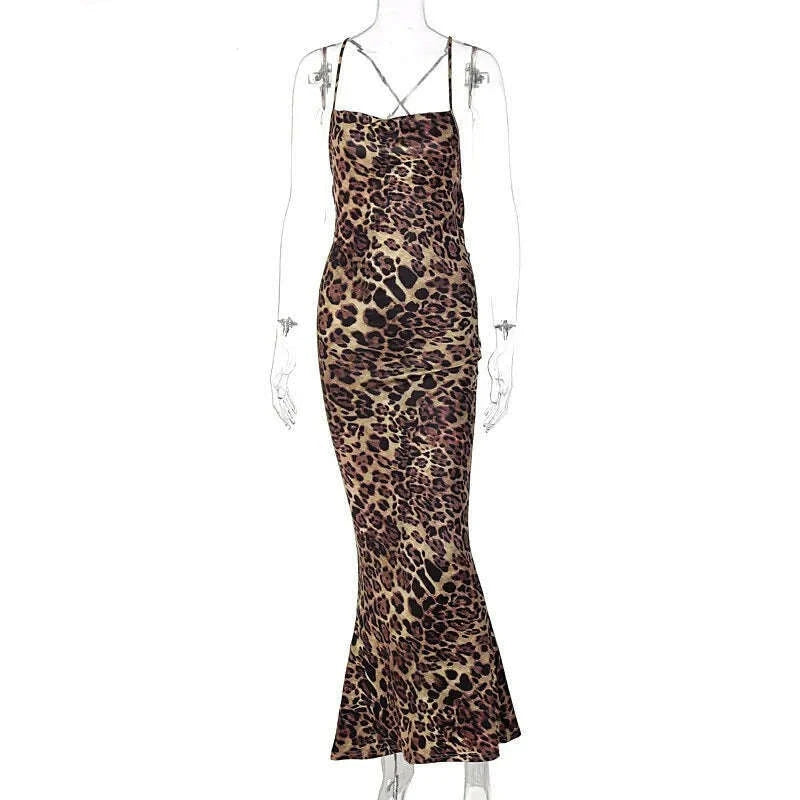 KIMLUD, Hawthaw Women Autumn Winter Sleeveless Leopard Printed Bodycon Long Straps Dress Streetwear 2021 Fall Clothes Wholesale Items, KIMLUD Womens Clothes