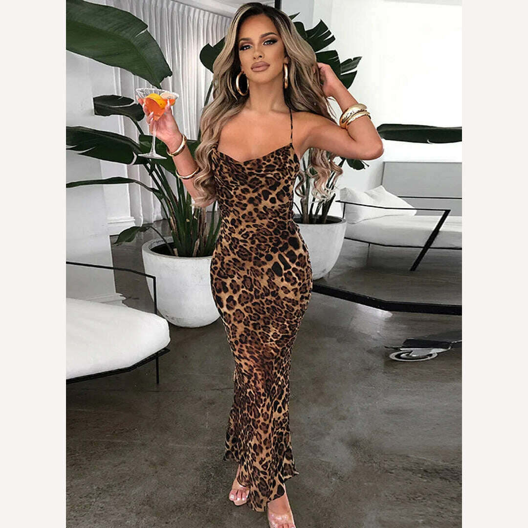 KIMLUD, Hawthaw Women Autumn Winter Sleeveless Leopard Printed Bodycon Long Straps Dress Streetwear 2021 Fall Clothes Wholesale Items, KIMLUD Womens Clothes