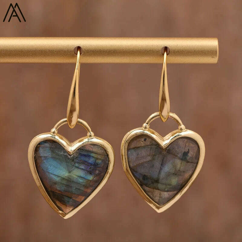 KIMLUD, Heart Amethsyts Labradorite Dangle Earrings For Women Boho Luxury Fashion Natural Stones Earring Designer Jewelery Bijoux, KIMLUD Womens Clothes