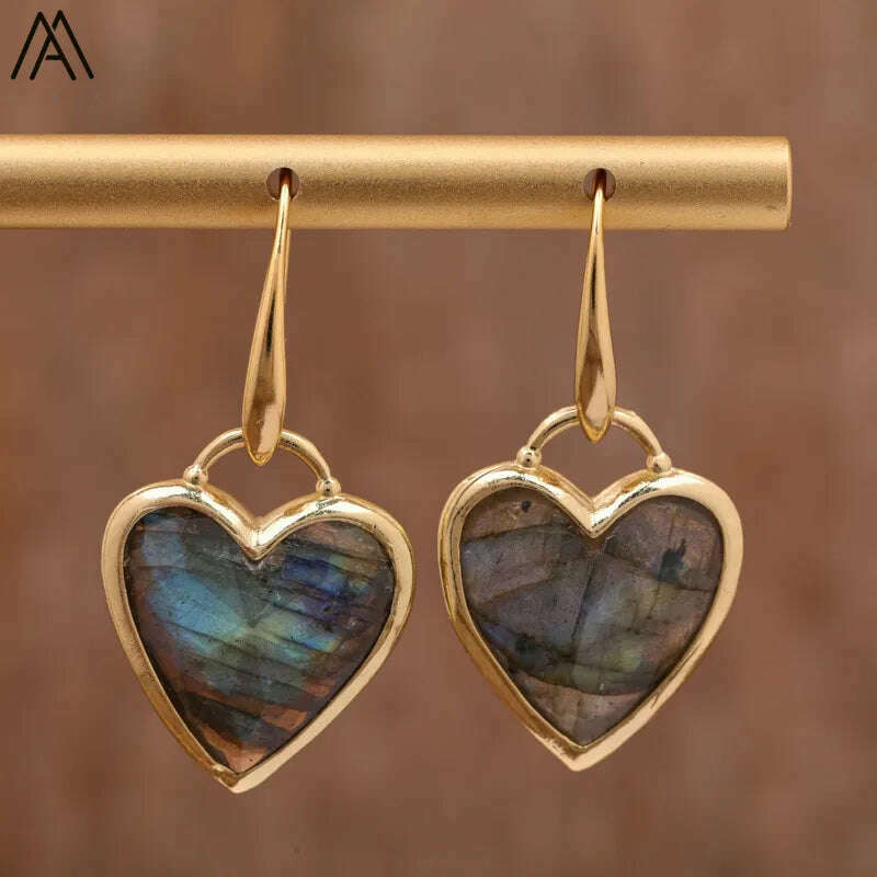 KIMLUD, Heart Amethsyts Labradorite Dangle Earrings For Women Boho Luxury Fashion Natural Stones Earring Designer Jewelery Bijoux, Labradorite, KIMLUD APPAREL - Womens Clothes