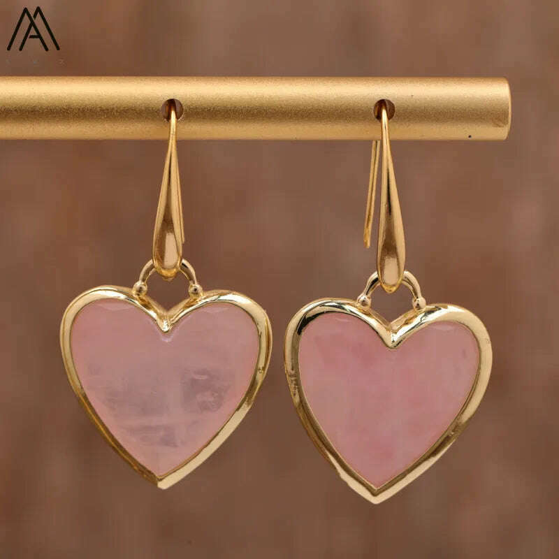 KIMLUD, Heart Amethsyts Labradorite Dangle Earrings For Women Boho Luxury Fashion Natural Stones Earring Designer Jewelery Bijoux, Rose Quartz, KIMLUD APPAREL - Womens Clothes