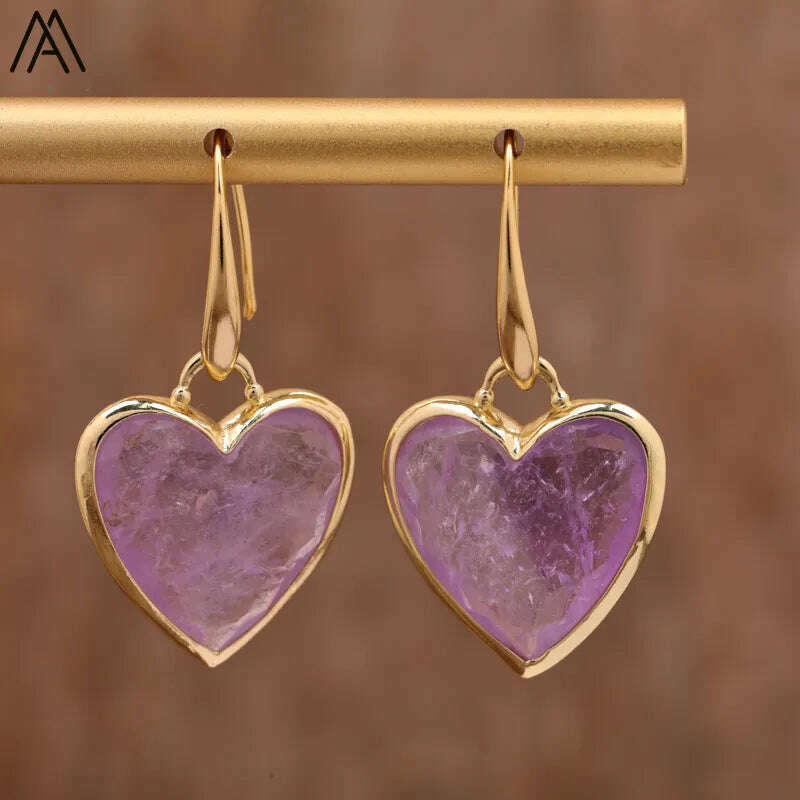 KIMLUD, Heart Amethsyts Labradorite Dangle Earrings For Women Boho Luxury Fashion Natural Stones Earring Designer Jewelery Bijoux, Amethyst, KIMLUD APPAREL - Womens Clothes