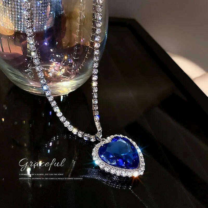 Heart of Ocean Blue Heart Necklaces for Women Rhinestone Crystal Long Chain Necklaces Love Forever Jewelry For Party Gifts - KIMLUD