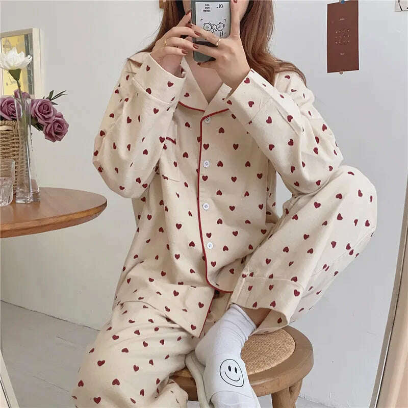 KIMLUD, Heart Print Home Suit Loose Cotton Casual Sleepwear Korean Pajamas Set Trousers Harajuku Home Clothes Kawaii Single Breasted Top, KIMLUD Womens Clothes