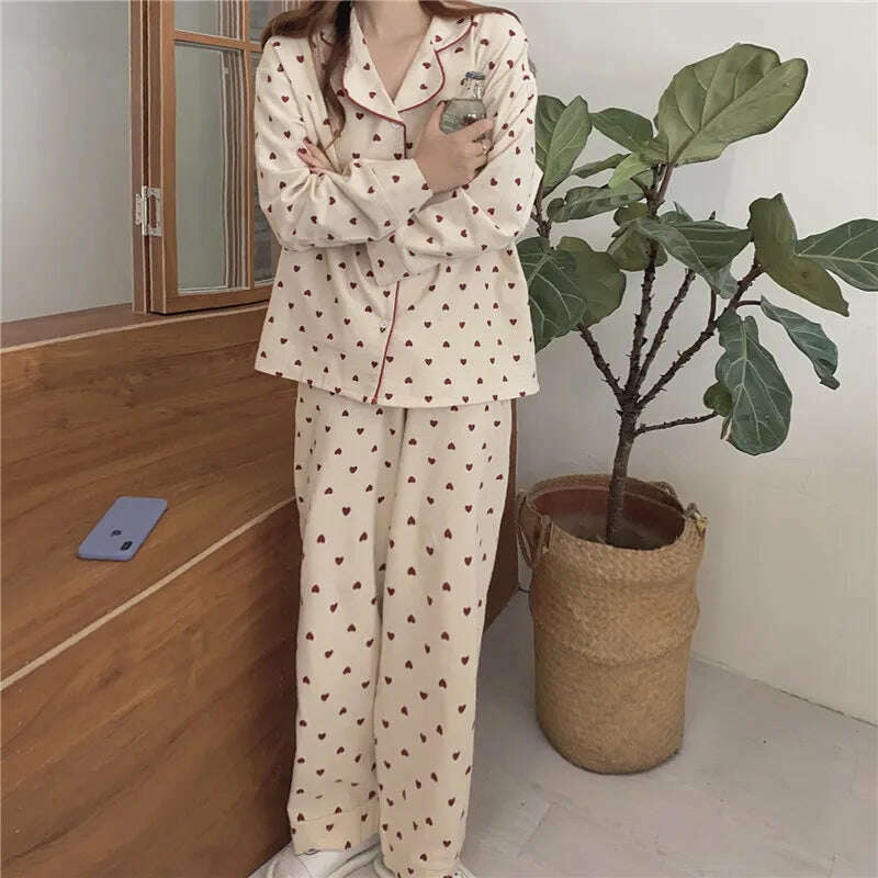 KIMLUD, Heart Print Home Suit Loose Cotton Casual Sleepwear Korean Pajamas Set Trousers Harajuku Home Clothes Kawaii Single Breasted Top, KIMLUD Womens Clothes