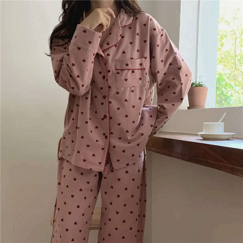 KIMLUD, Heart Print Home Suit Loose Cotton Casual Sleepwear Korean Pajamas Set Trousers Harajuku Home Clothes Kawaii Single Breasted Top, KIMLUD Womens Clothes