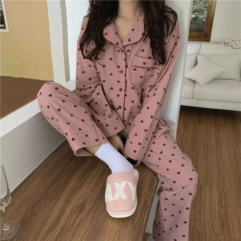 KIMLUD, Heart Print Home Suit Loose Cotton Casual Sleepwear Korean Pajamas Set Trousers Harajuku Home Clothes Kawaii Single Breasted Top, KIMLUD Womens Clothes