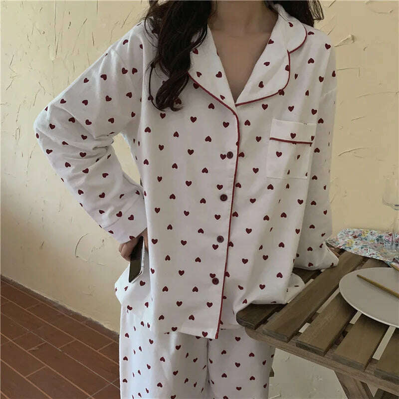 KIMLUD, Heart Print Home Suit Loose Cotton Casual Sleepwear Korean Pajamas Set Trousers Harajuku Home Clothes Kawaii Single Breasted Top, KIMLUD Womens Clothes