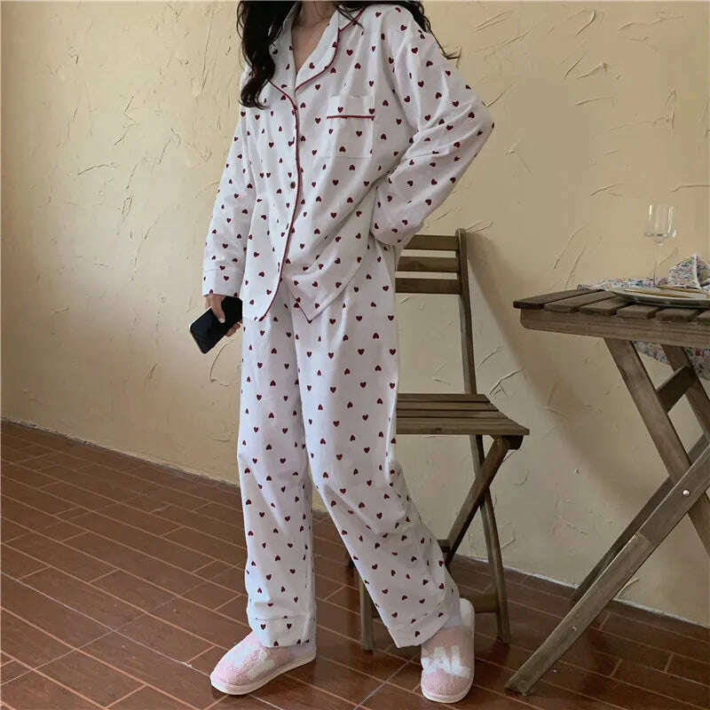 KIMLUD, Heart Print Home Suit Loose Cotton Casual Sleepwear Korean Pajamas Set Trousers Harajuku Home Clothes Kawaii Single Breasted Top, KIMLUD Womens Clothes