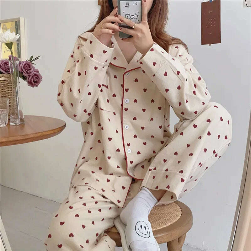 KIMLUD, Heart Print Home Suit Loose Cotton Casual Sleepwear Korean Pajamas Set Trousers Harajuku Home Clothes Kawaii Single Breasted Top, Beige / L, KIMLUD APPAREL - Womens Clothes