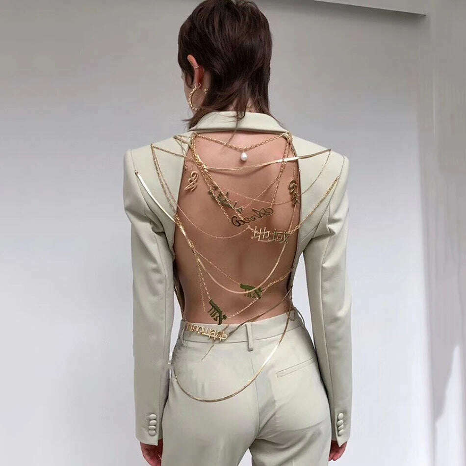 KIMLUD, Heavy Industry Custom Gold Chain Backless Blazer Coat Women Sexy Single Button Slim Party Coat Female 2020 Fashion New Tide, KIMLUD Womens Clothes