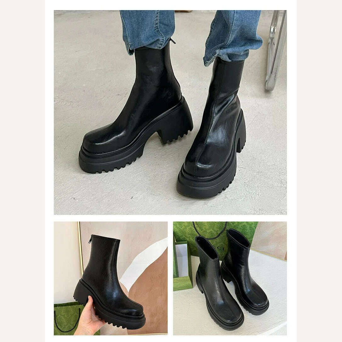 Heihaian Short Boots 2023 Fall New Thick Soled Round Head Zipper Boots Retro Style Commuter Ankle Boots For Women - KIMLUD