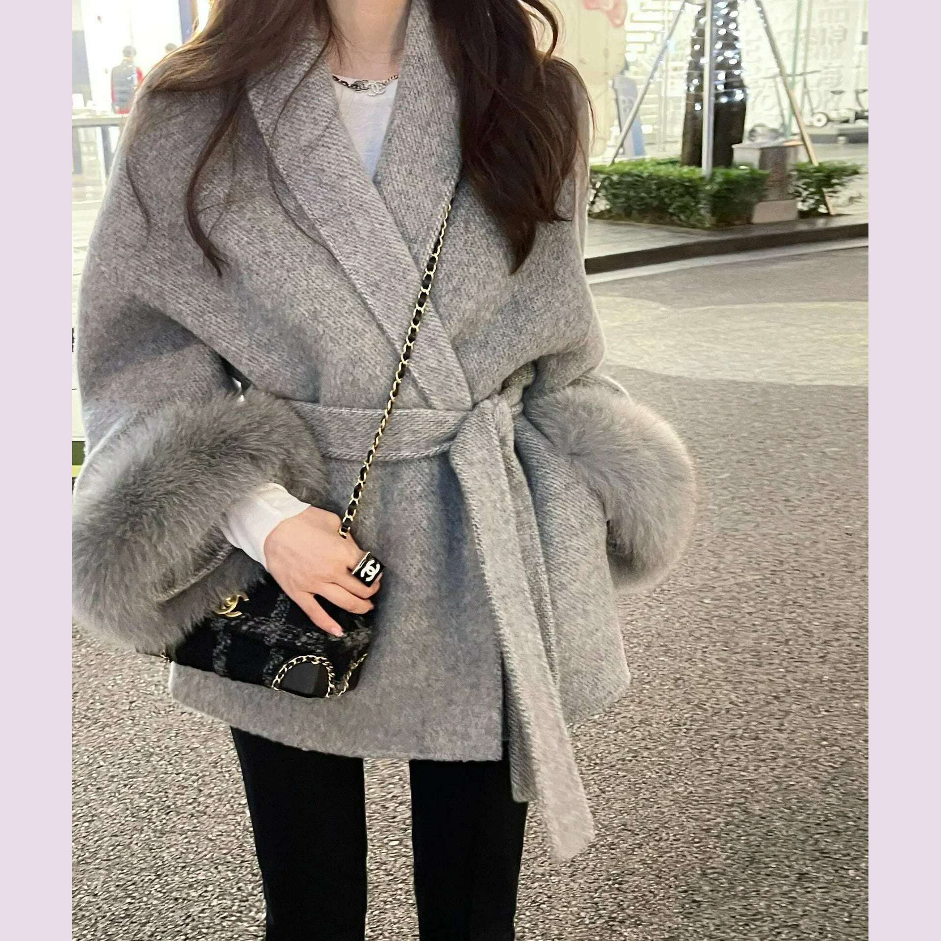 KIMLUD, High End Double-sided Wool Strapping Real Wool Fur Coat Women's Removable Cuffs Fox Fur Temperament Cashmere Short Jacket, KIMLUD Womens Clothes